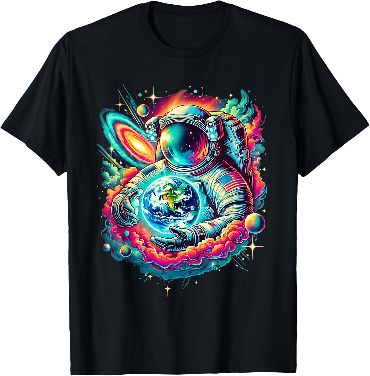 Cosmic Astronaut Holding Earth Space Exploration Art Science T-Shirt - T-Shirt | Black
