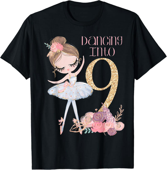 9th Birthday Ballerina Party Ballet Dancer Outfit Girls Nine T-Shirt - T-Shirt | Black