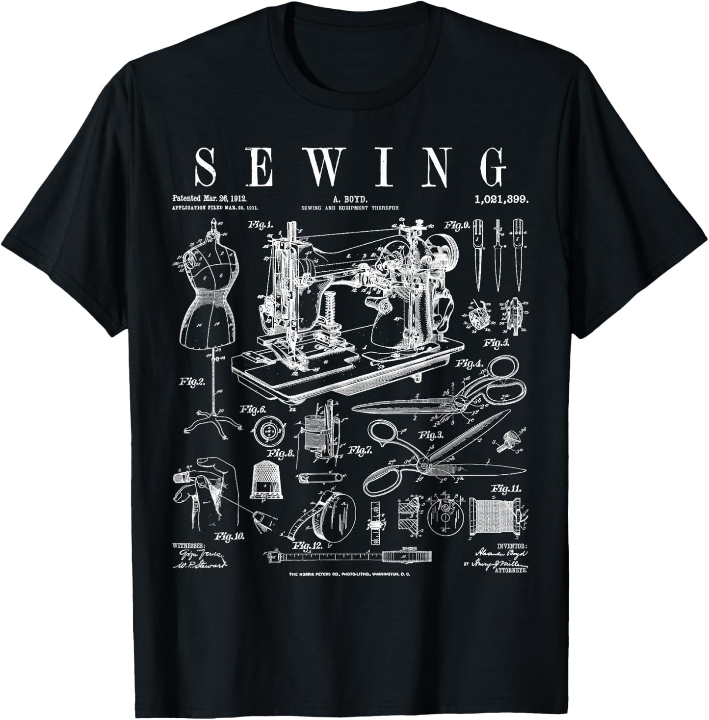 Sewing Machine Quilting Quilter Crafter Vintage Patent Print T-Shirt - T-Shirt | Black