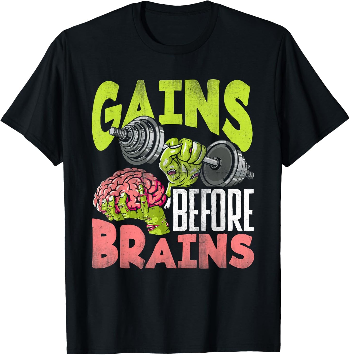 Halloween Workout Zombie Weightlifting Gains Before Brains T-Shirt - T-Shirt | Black