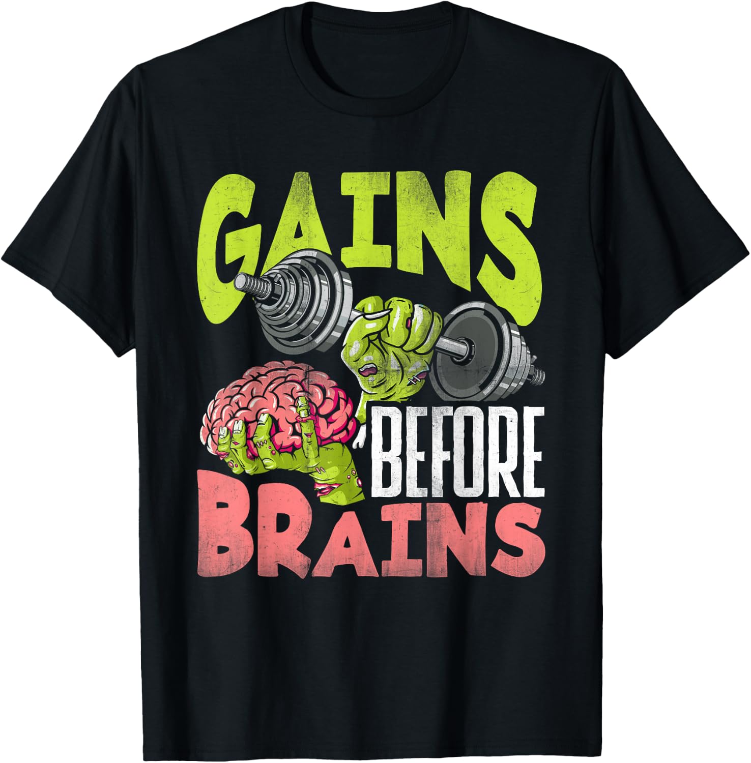 Halloween Workout Zombie Weightlifting Gains Before Brains T-Shirt - T-Shirt | Black