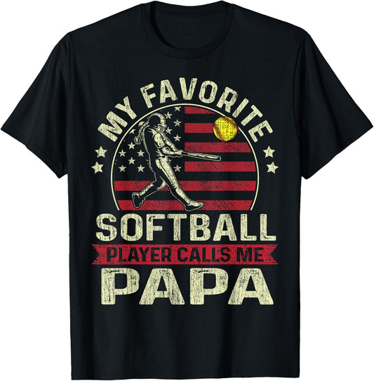 Father's Day Favorite Softball Player Calls Me Papa US Flag T-Shirt - T-Shirt | Black