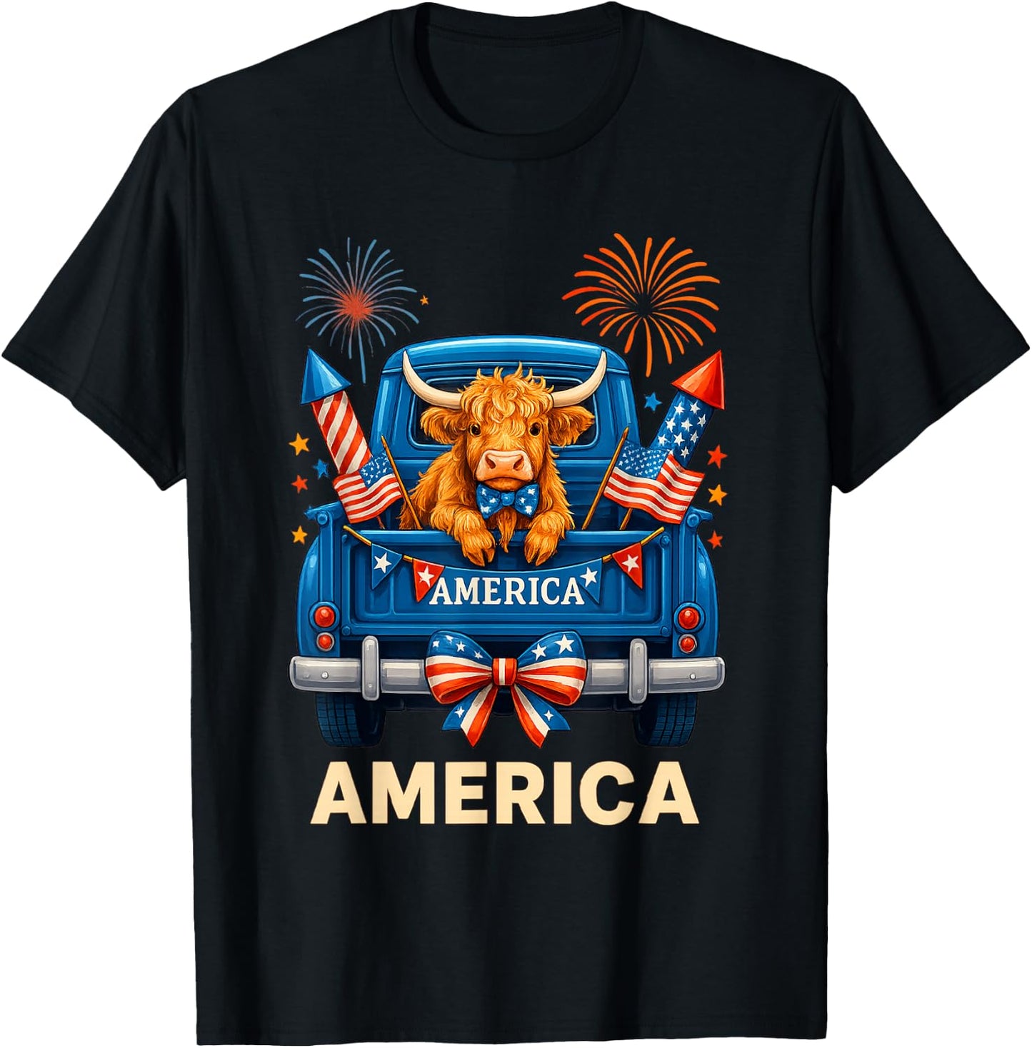 Patriotic Truck Highland Cow Cute 4th of July American Flag T-Shirt - T-Shirt | Black