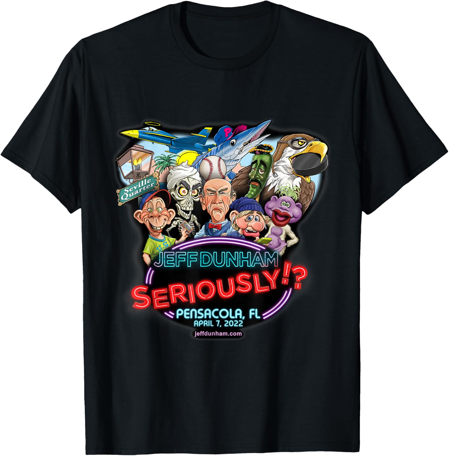 Jeff Dunham -Adults Black Cotton , Small, Short Sleeve, Classic Fit, Pensacola, FL (2022) T-Shirt - T-Shirt | Black