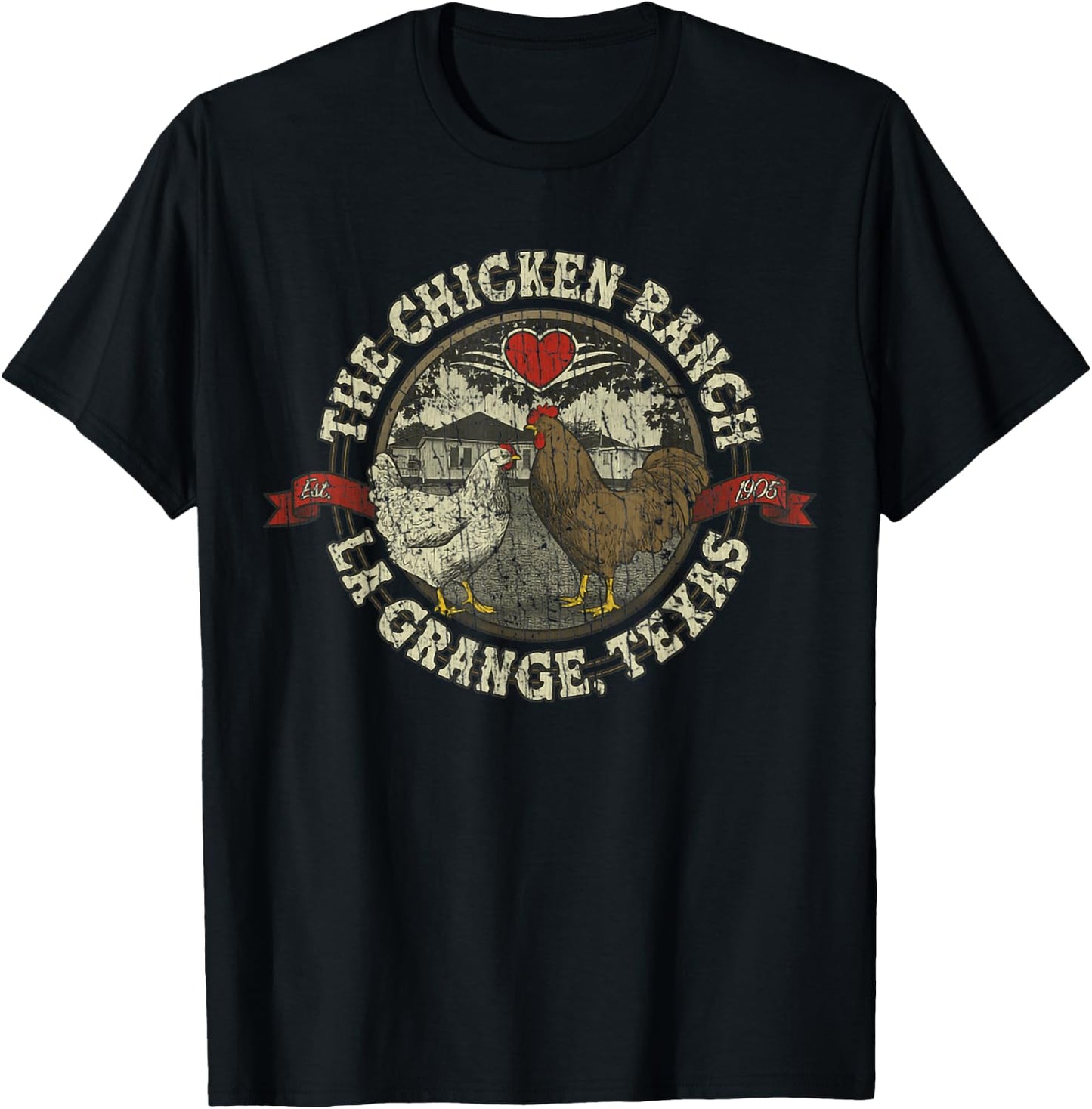The Chicken Ranch La Grange 1905 Vintage Retro Distressed - Black, Small, Short Sleeve, , Classic Fit, Rayon, Letter Print, Women's, Girls, Casual, All Seasons T-Shirt - T-Shirt | Black