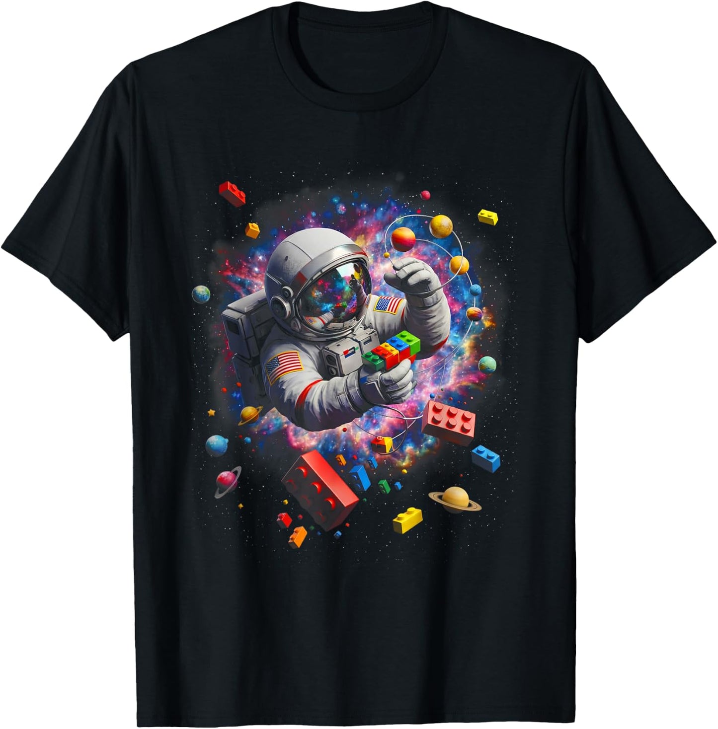 Space Astronaut Colorful Block Building Brick Builder Boys T-Shirt - T-Shirt | Black