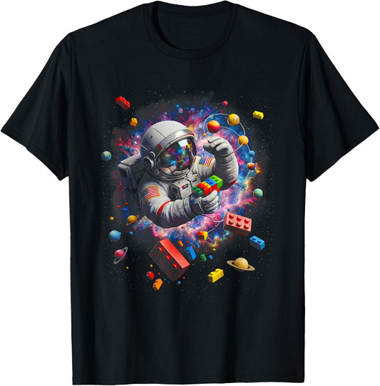 Space Astronaut Colorful Block Building Brick Builder Boys T-Shirt - T-Shirt | Black