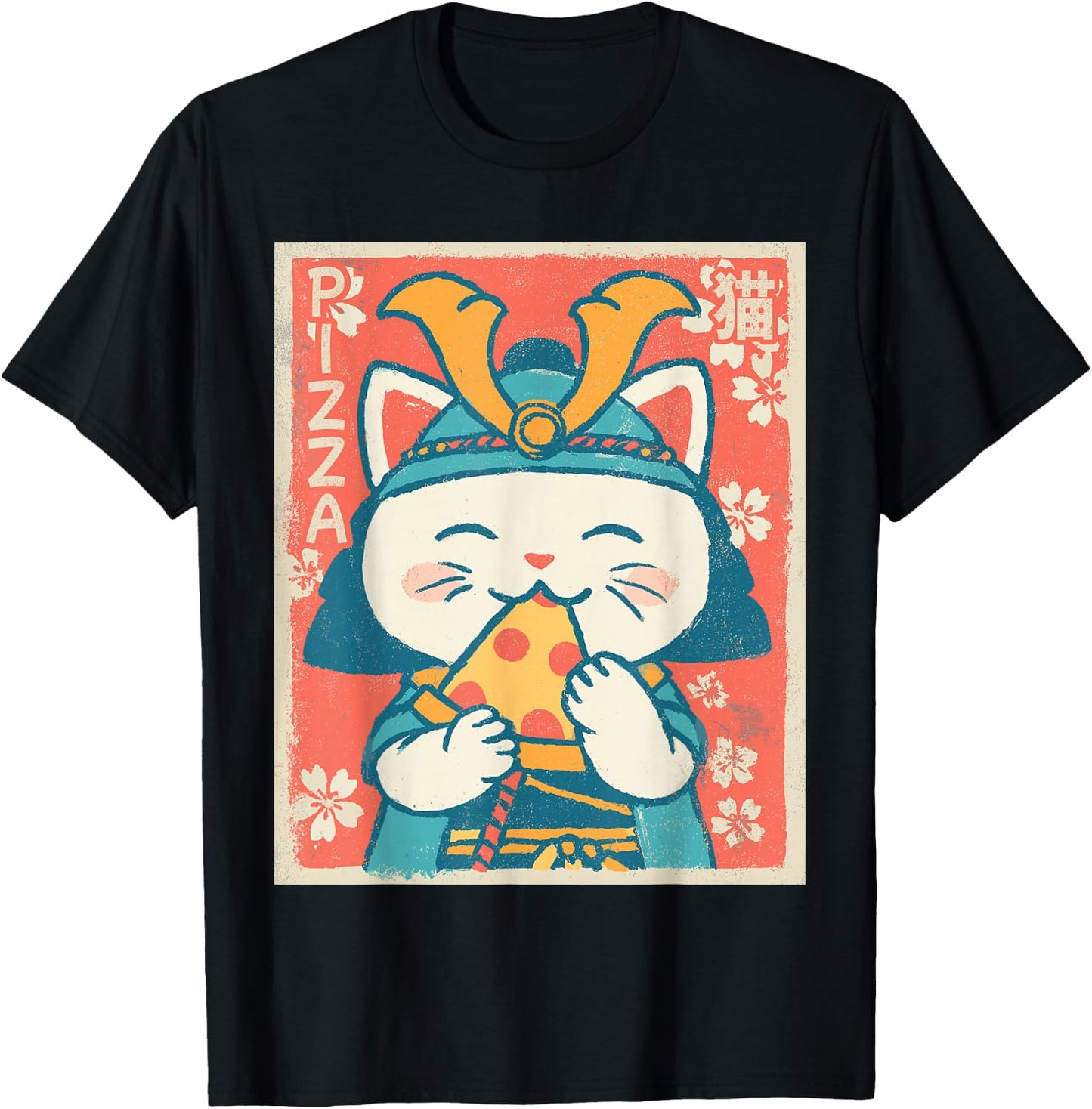 Samurai Cat Eating Pizza – Kawaii Retro Japanese Graphic T-Shirt - T-Shirt | Black