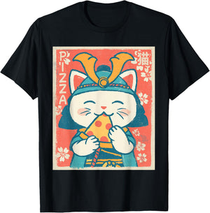 Samurai Cat Eating Pizza – Kawaii Retro Japanese Graphic T-Shirt - T-Shirt | Black