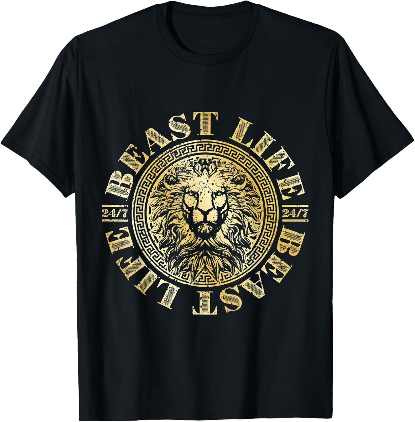 Lion Beast Life Gold Workout Motivation Gym Fitness Hustle T-Shirt - T-Shirt | Black