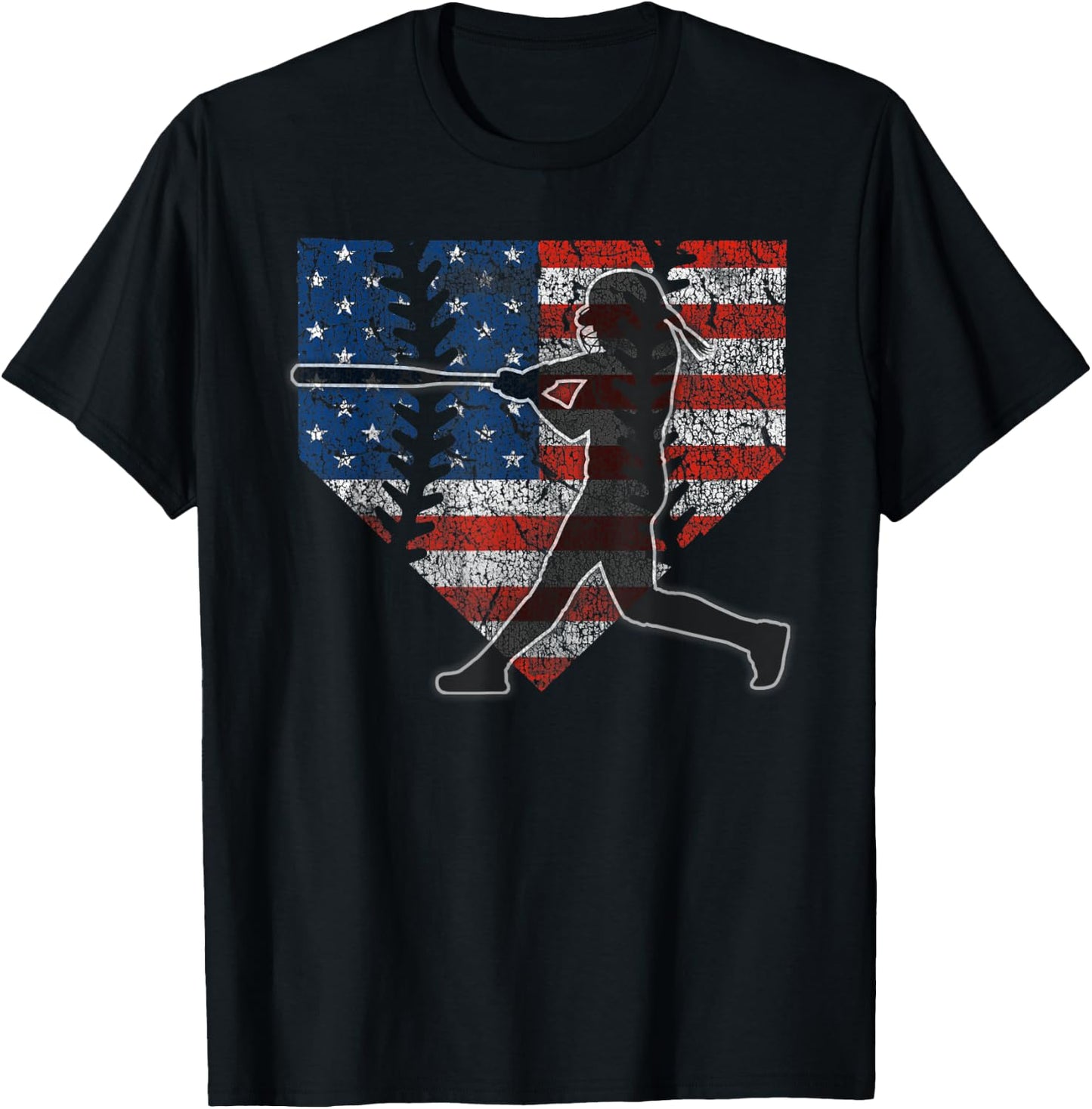 Girls Softball Batter American Flag Home Plate T-Shirt - T-Shirt | Black