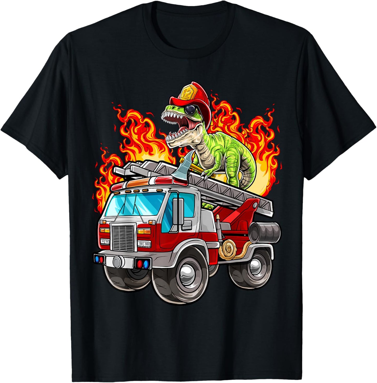 Fireman T Rex Dinosaur Firefighter Hat and Firetruck Boys T-Shirt - T-Shirt | Black