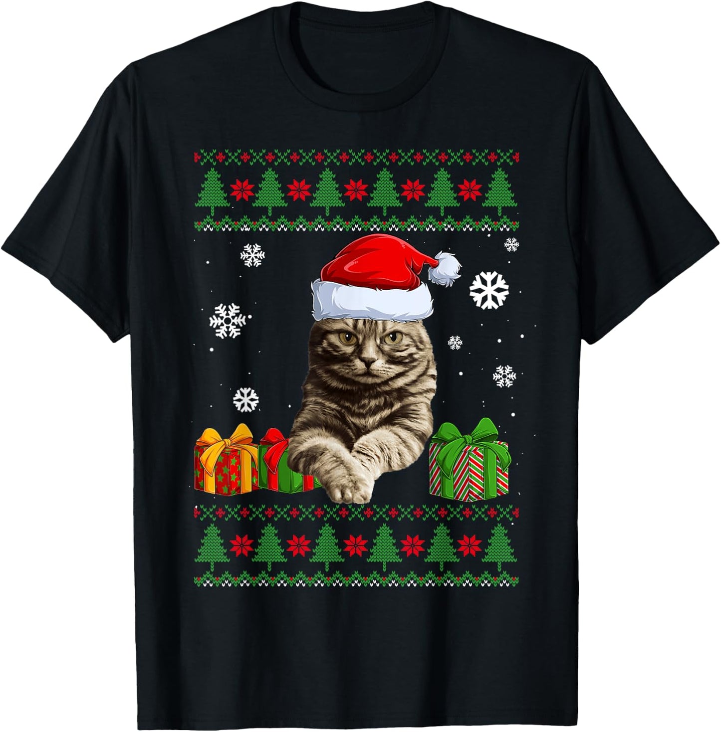 Funny Cat lovers Cute Cat Santa Hat Ugly Christmas Sweater Women Kids T-Shirt - T-Shirt | Black