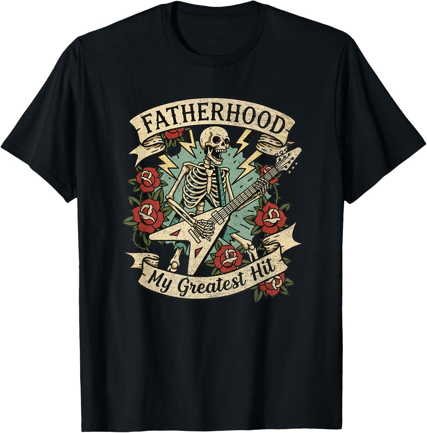 Cool Guitar Dad Fatherhood Greatest Hit Tattoo Style T-Shirt - T-Shirt | Black