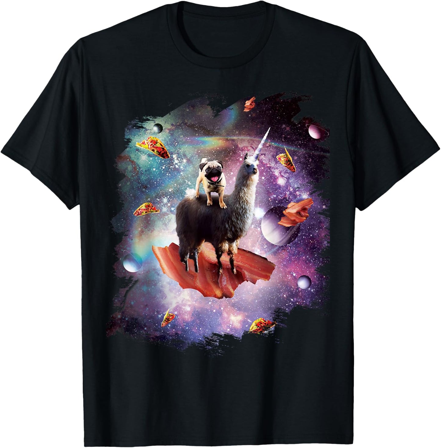Space Pug Riding Llama Unicorn - Bacon & Taco T-Shirt - T-Shirt | Black