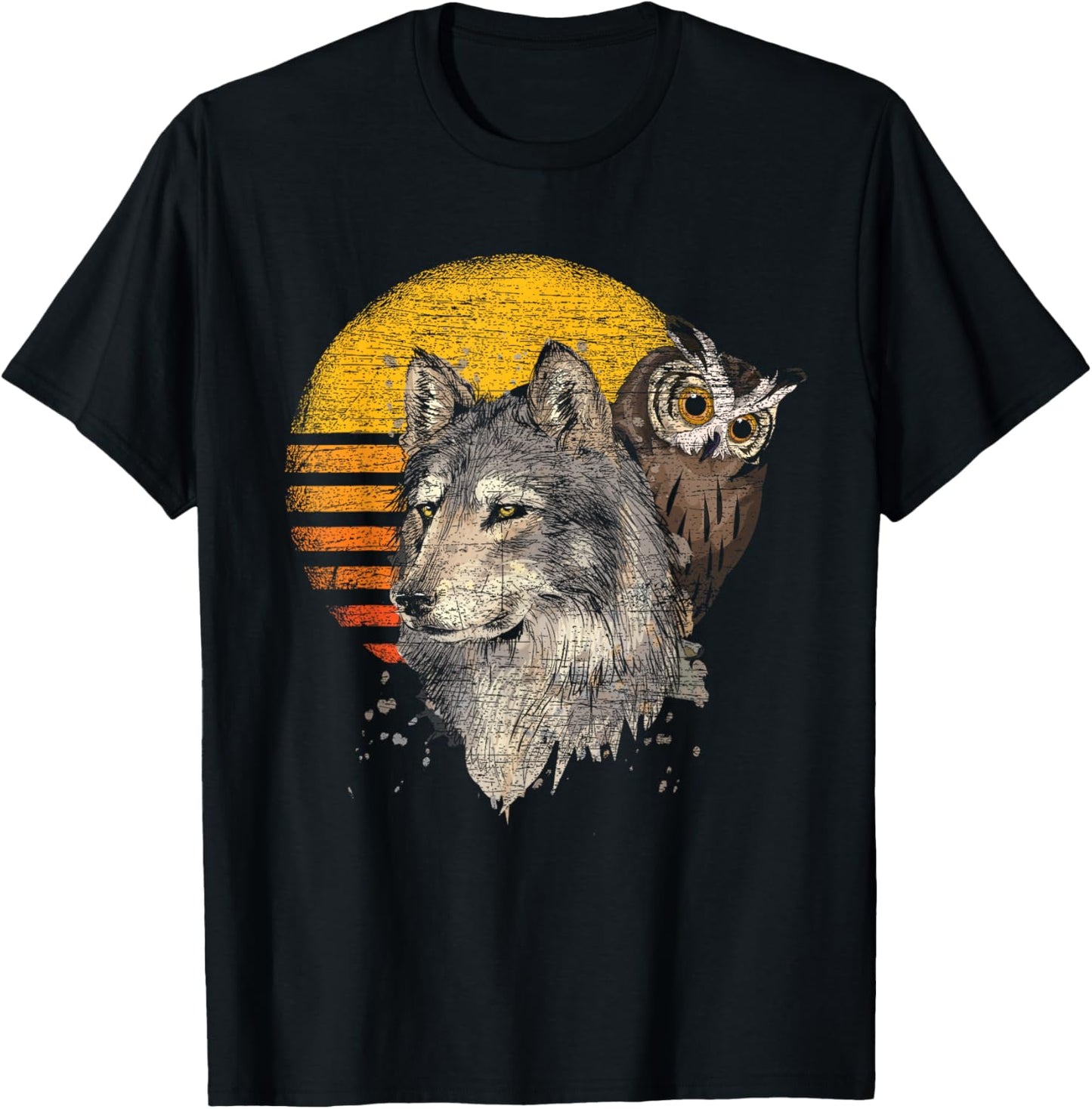 Forest Predator Ornithologist Gift Retro Wolf Owl T-Shirt - T-Shirt | Black
