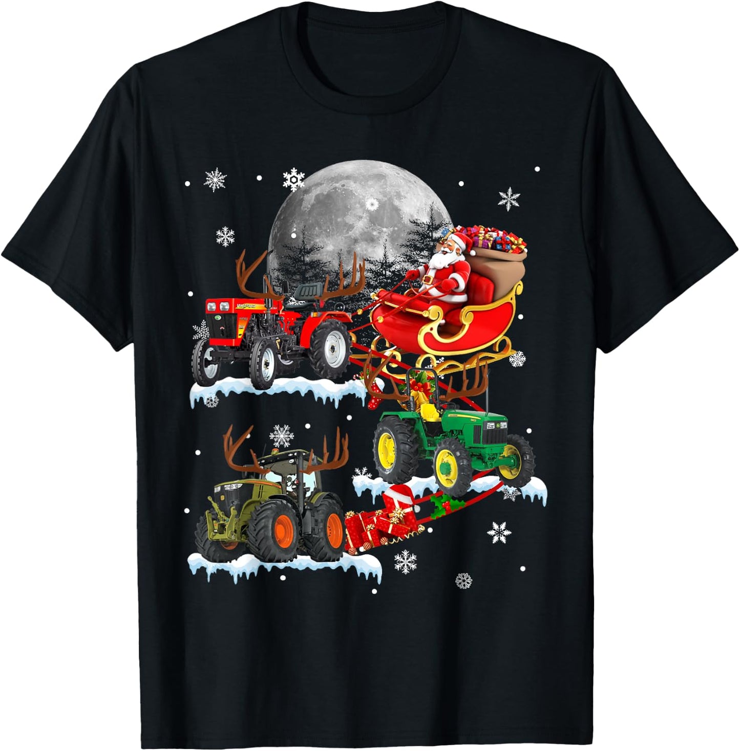 Santa Claus Riding Tractor Sleigh Christmas Tractor Driver T-Shirt - T-Shirt | Black