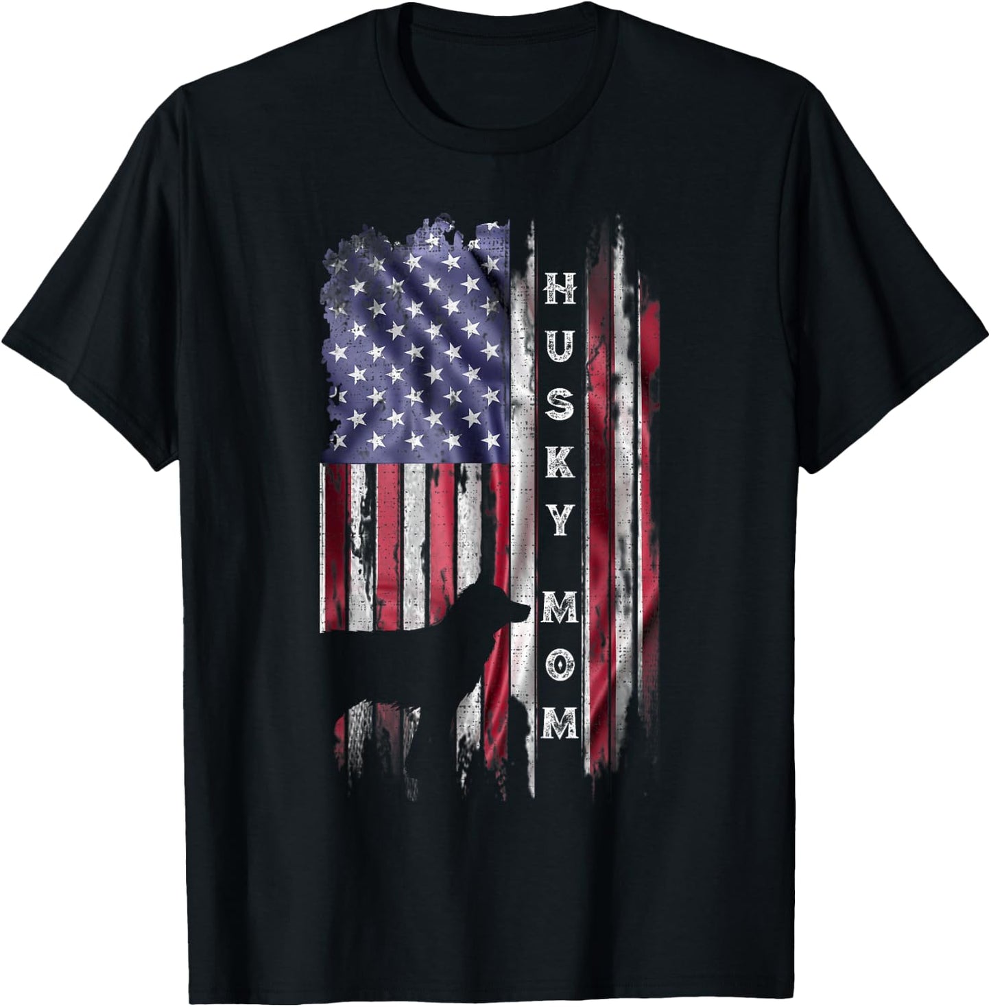 Vintage USA Flag Proud Siberian Husky Dog Mom Silhouette Women Kids Men T-Shirt - T-Shirt | Black