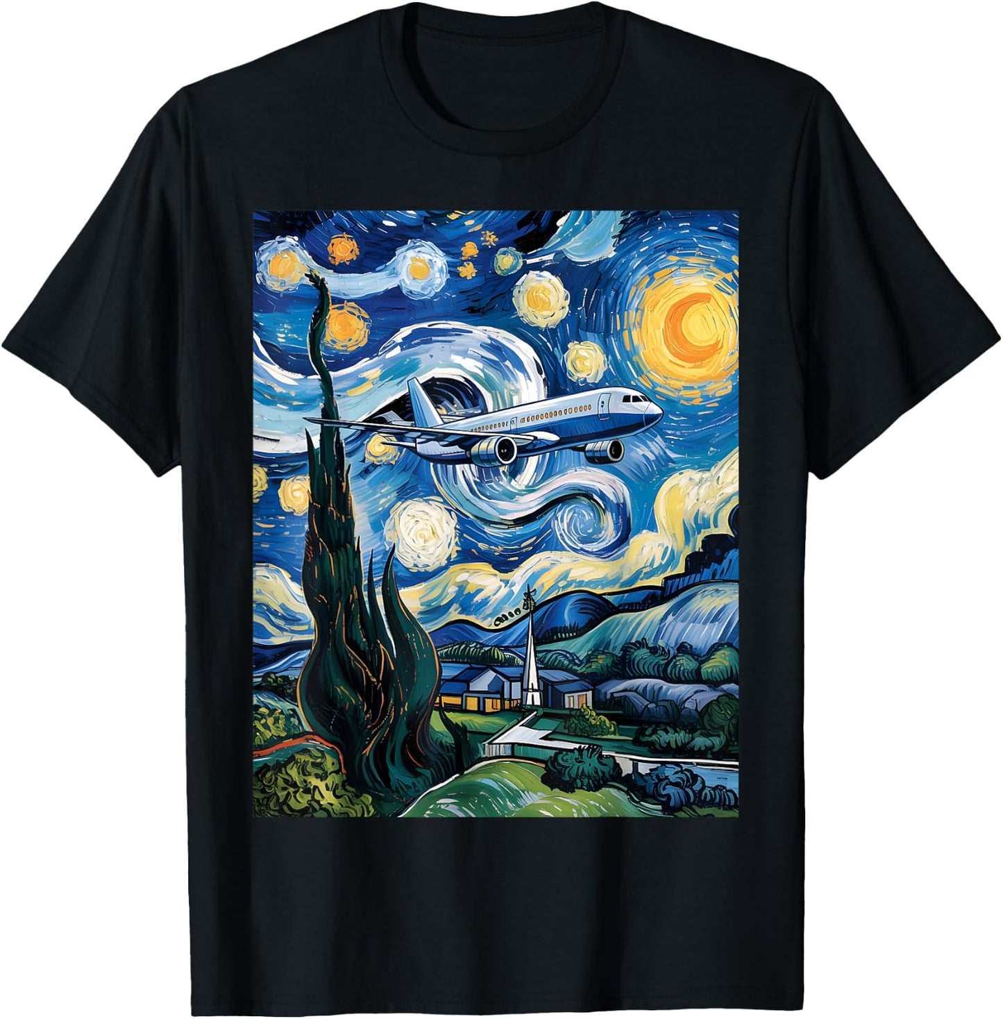 Airplane Starry Night Van Gogh Graphic Aviation Plane Pilot T-Shirt - T-Shirt | Black
