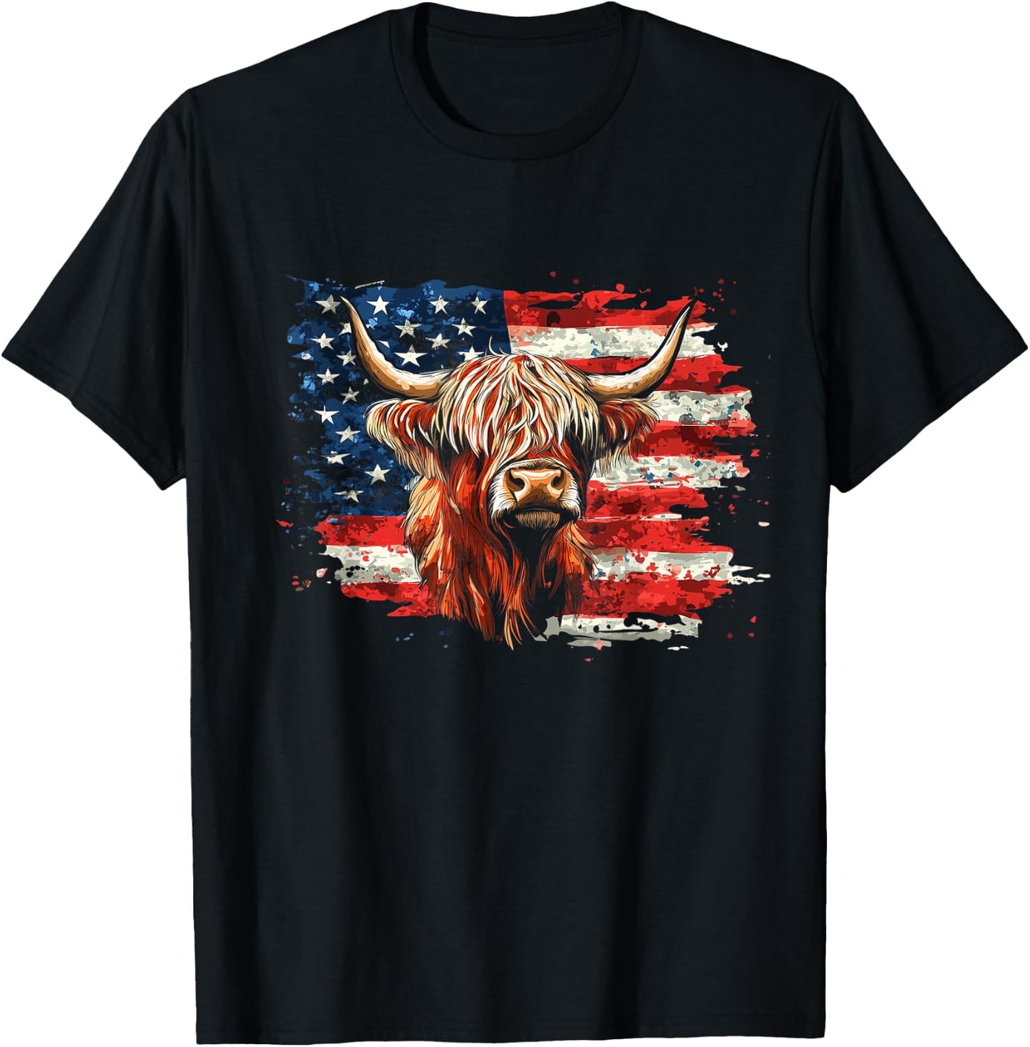 Patriotic Highland Cow American Flag 4th Of July Farm Animal T-Shirt - T-Shirt | Black