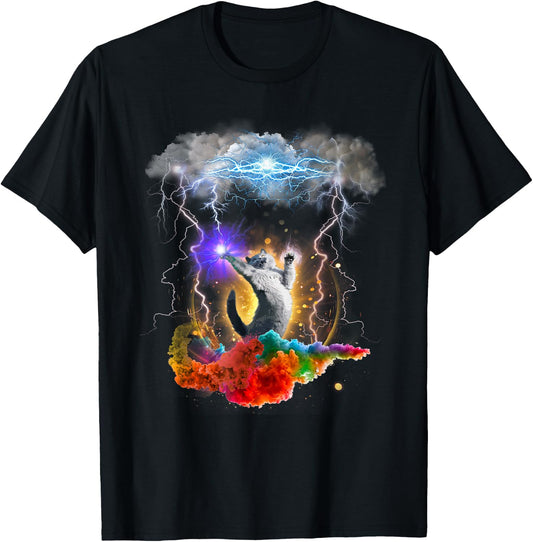 Crazy Space Cat Lightning Rainbow Men Women Kids T-Shirt - T-Shirt | Black
