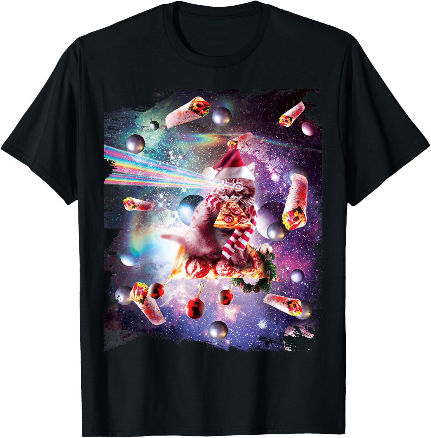 Christmas Space Cat Eating Pizza - Laser Eyes Xmas X-Mas Women Kids T-Shirt - T-Shirt | Black