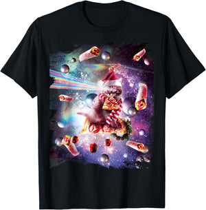 Christmas Space Cat Eating Pizza - Laser Eyes Xmas X-Mas Women Kids T-Shirt - T-Shirt | Black