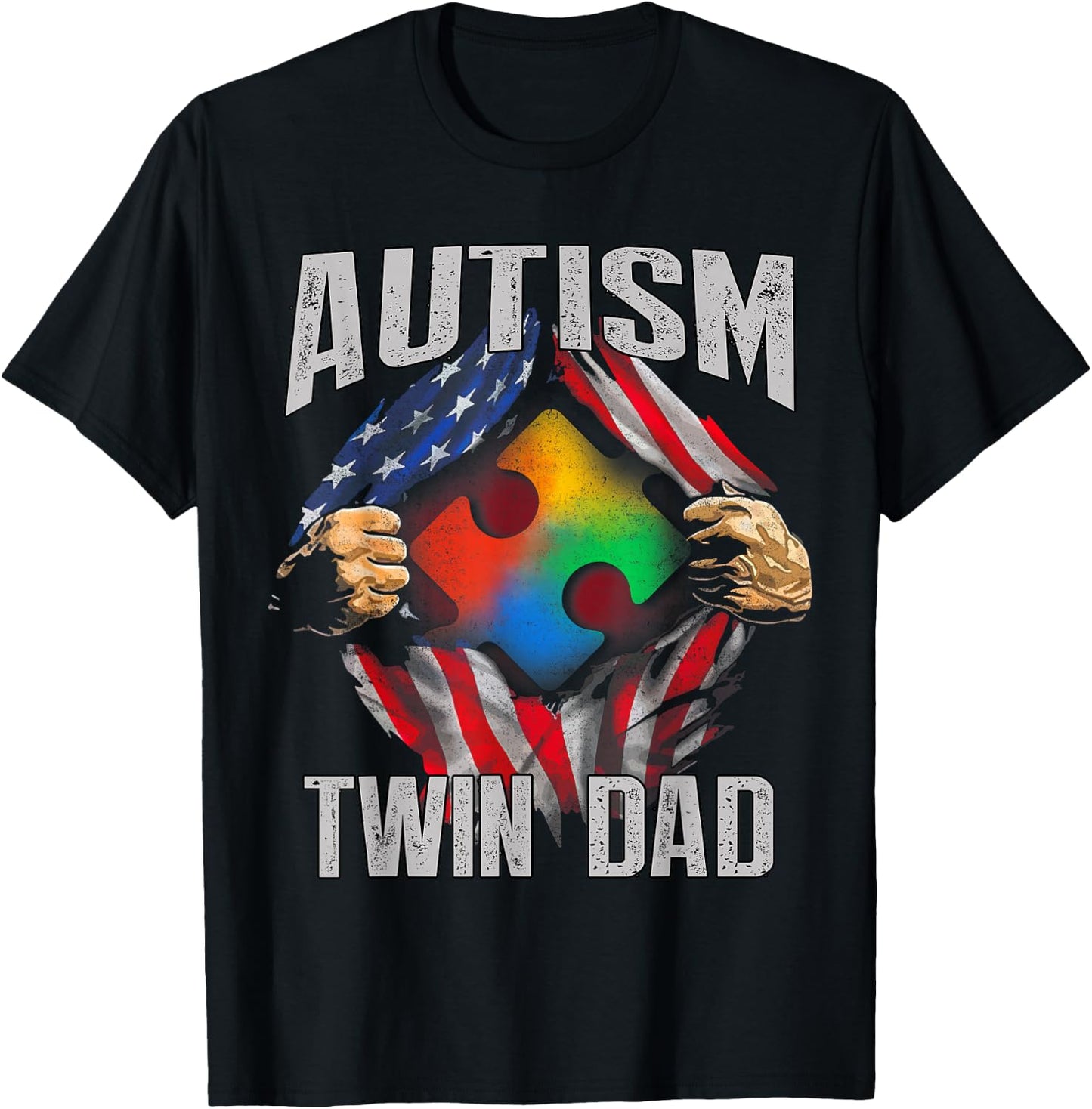 Autism Twin Dad American Flag Autism Awareness Men T-Shirt - T-Shirt | Black