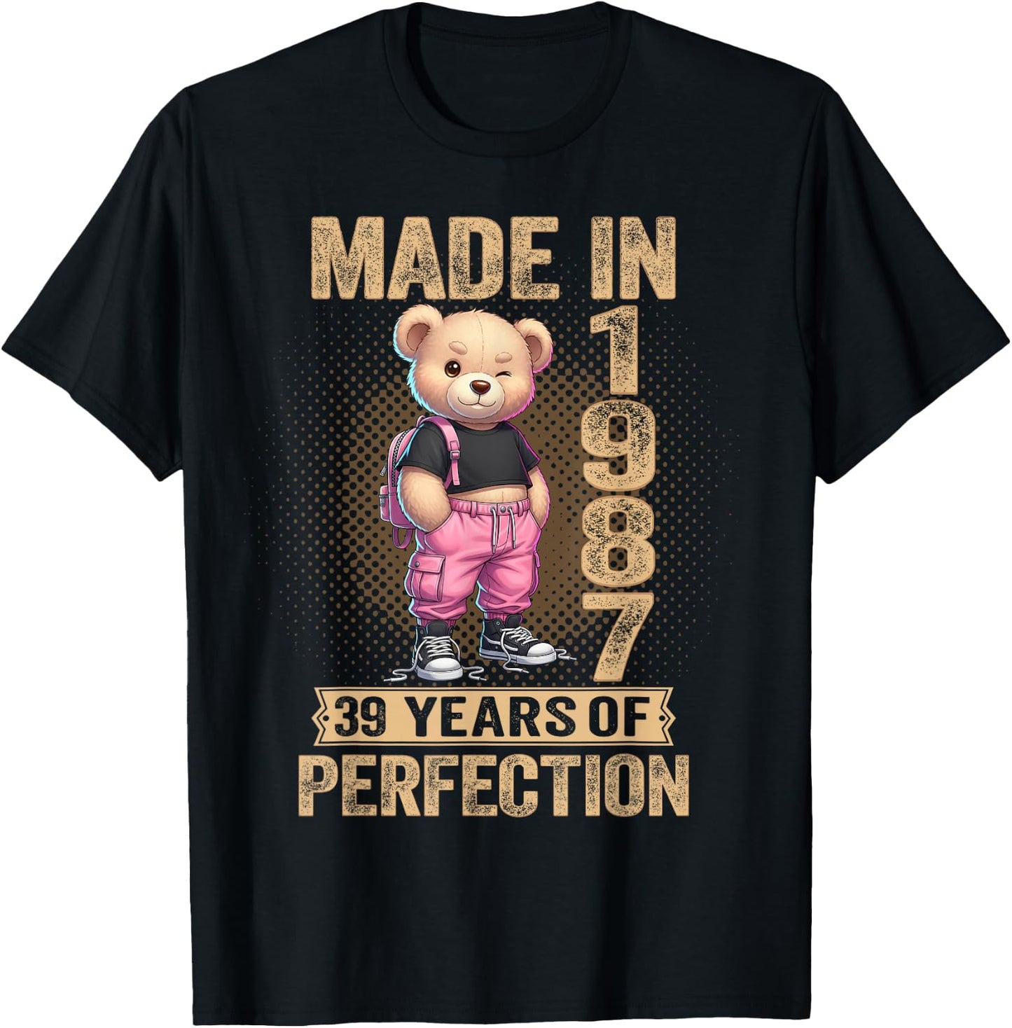 39th Birthday Made in 1987 39 Years of Being Awesome Bear T-Shirt - T-Shirt | Black