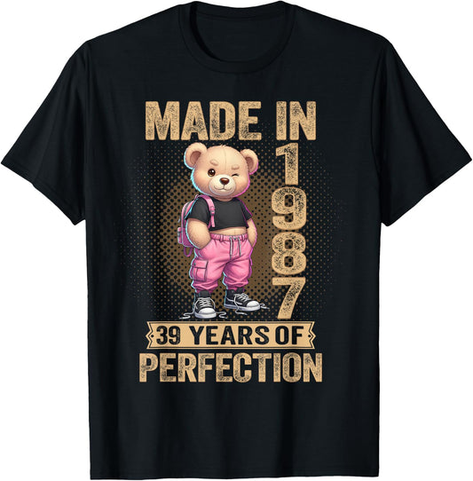 39th Birthday Made in 1987 39 Years of Being Awesome Bear T-Shirt - T-Shirt | Black