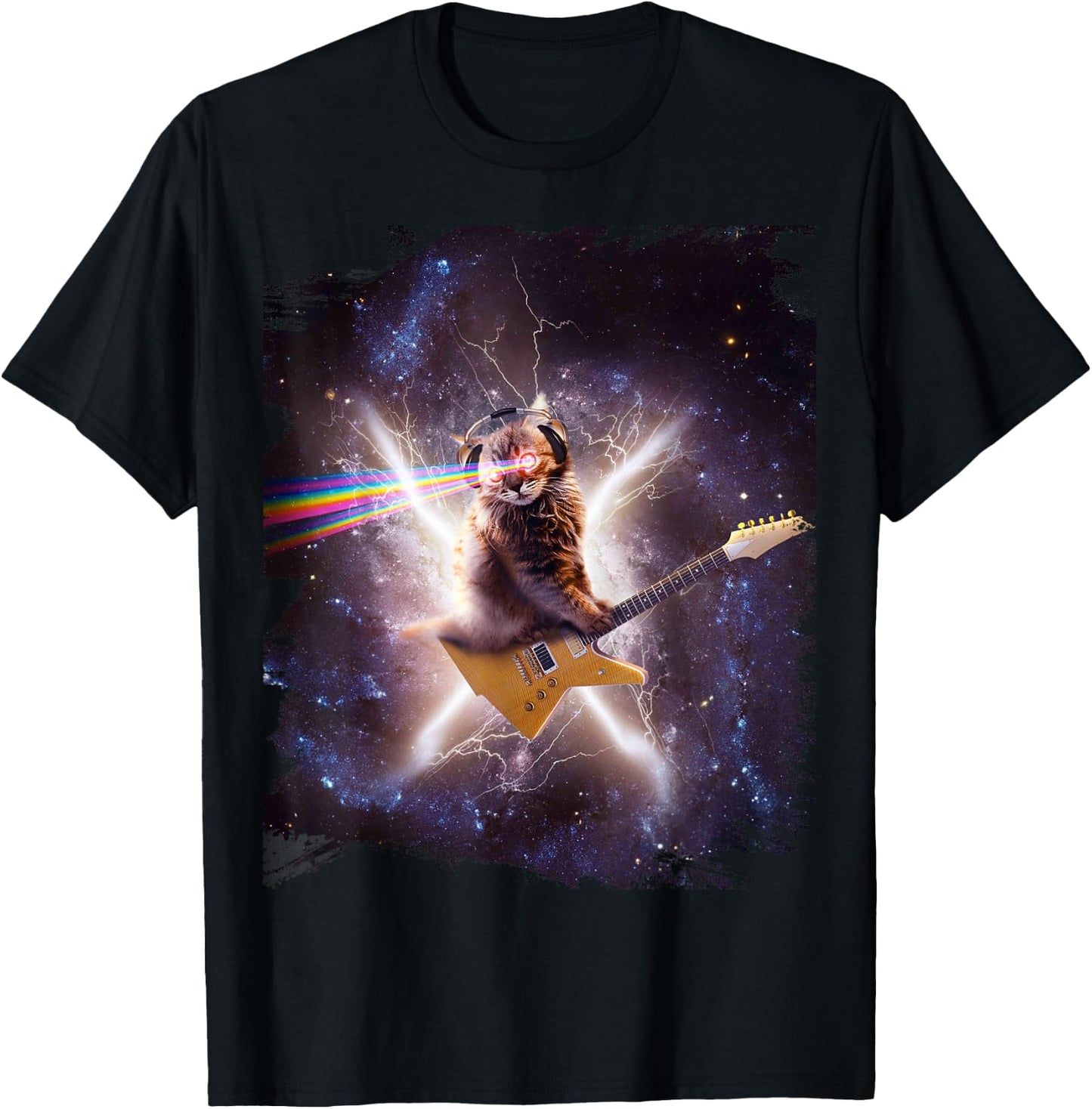 Laser Cat Riding Guitar In Outer Space Galaxy Lightning T-Shirt - T-Shirt | Black