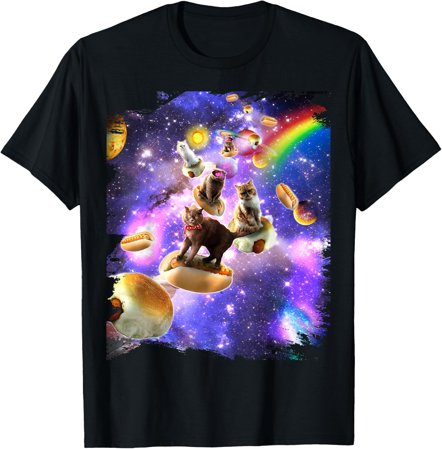 Space Cats Riding Hot Dogs Cat In Rainbow Galaxy T-Shirt - T-Shirt | Black