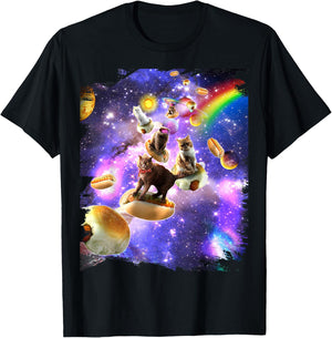 Space Cats Riding Hot Dogs Cat In Rainbow Galaxy T-Shirt - T-Shirt | Black