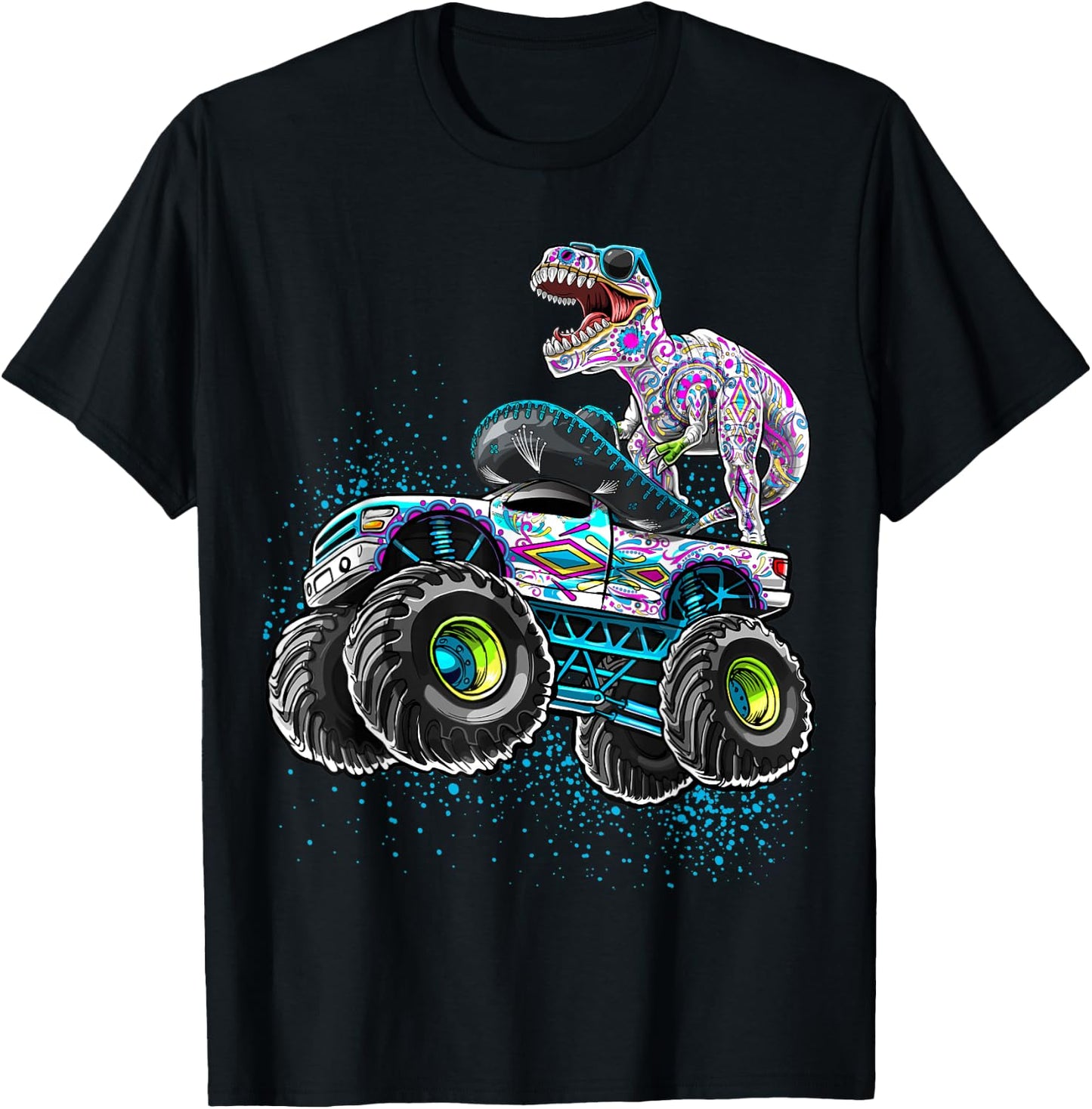 Day of the Dead Monster Truck Dinosaur Sugar Skull Boys T-Shirt - T-Shirt | Black
