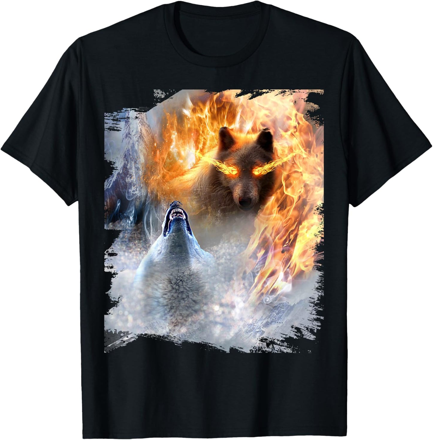 Fire And Ice Wolf Snowy Good And Evil Wolves T-Shirt - T-Shirt | Black