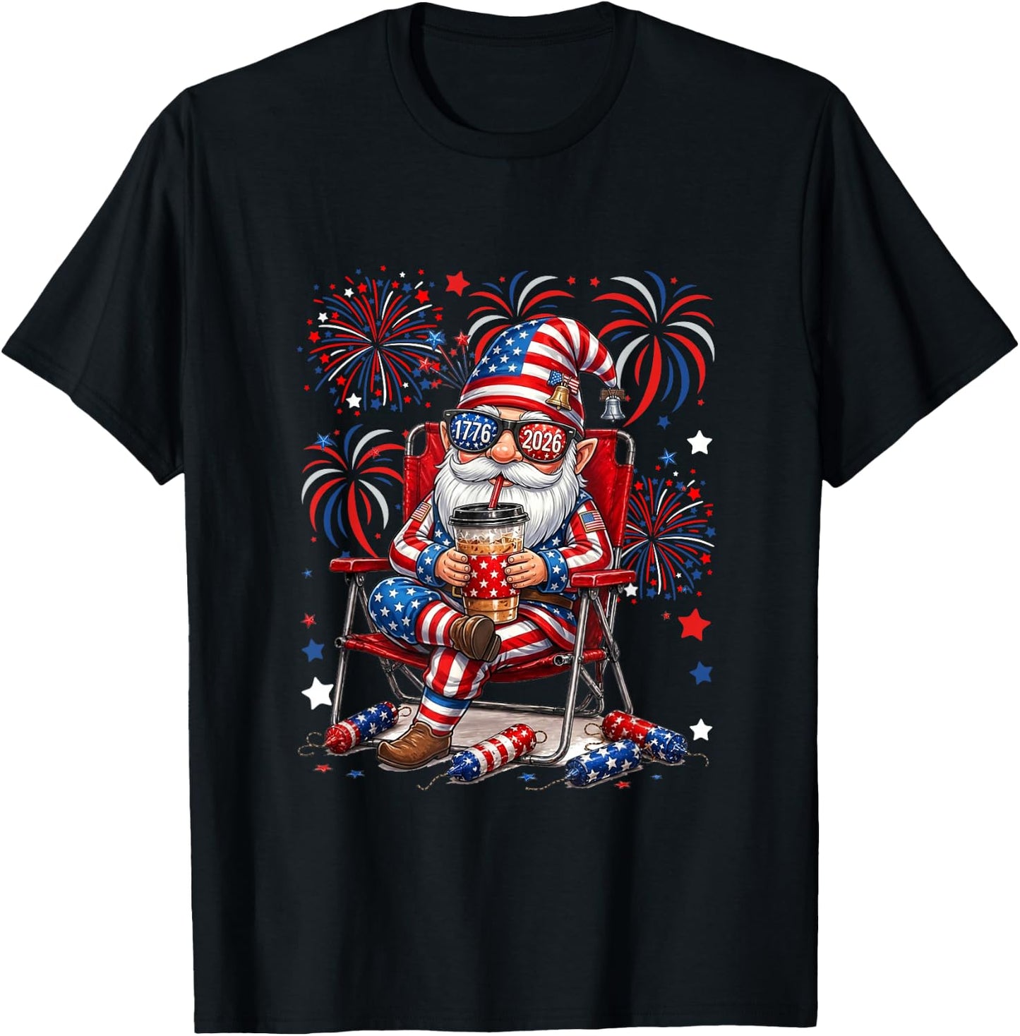 Gnome Sunglasses US Flag Drinking Coffee 4th July Patriotic T-Shirt - T-Shirt | Black