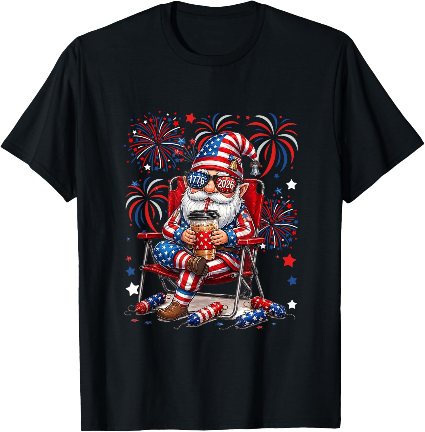 Gnome Sunglasses US Flag Drinking Coffee 4th July Patriotic T-Shirt - T-Shirt | Black