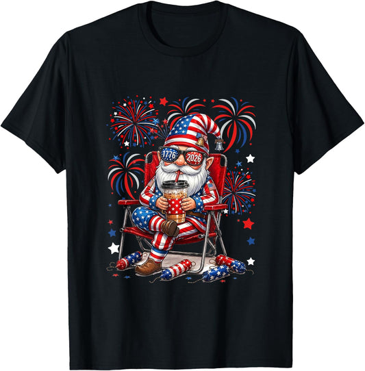 Gnome Sunglasses US Flag Drinking Coffee 4th July Patriotic T-Shirt - T-Shirt | Black
