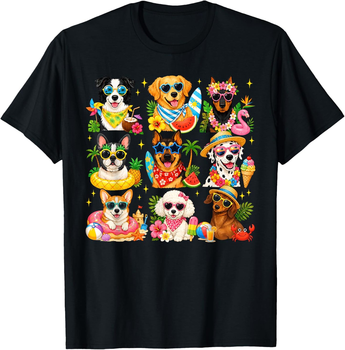 Funny Dogs in Sunglasses Summer Beach Vacation Dog Lovers T-Shirt - T-Shirt | Black