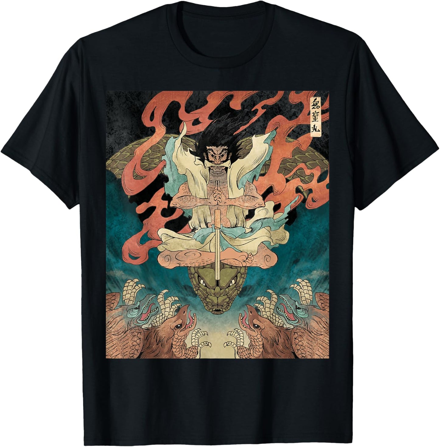 Japanese Vintage Artwork Tengu Gods Defeat Evil Snake Fan T-Shirt - T-Shirt | Black