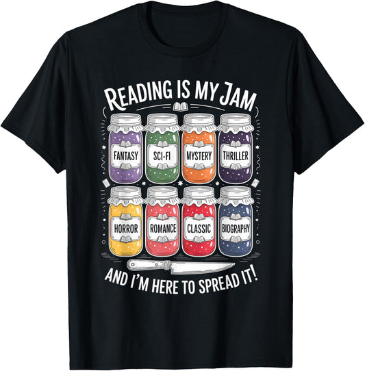 Reading is My Jam Funny Book Lover Pun Librarian Bookworm T-Shirt - T-Shirt | Black