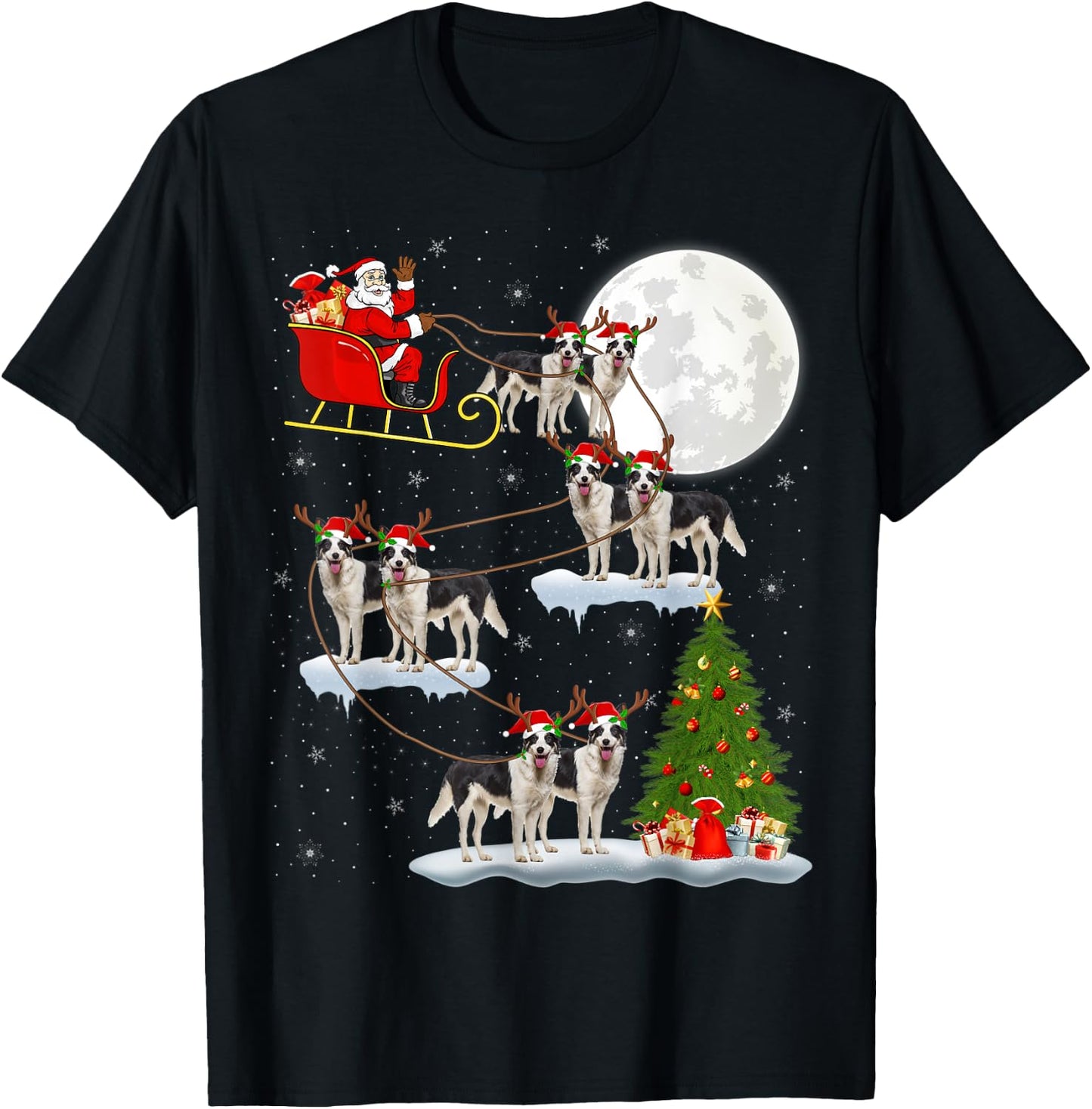 Xmas Lighting Tree Santa Riding Border Collie Christmas T-Shirt - T-Shirt | Black