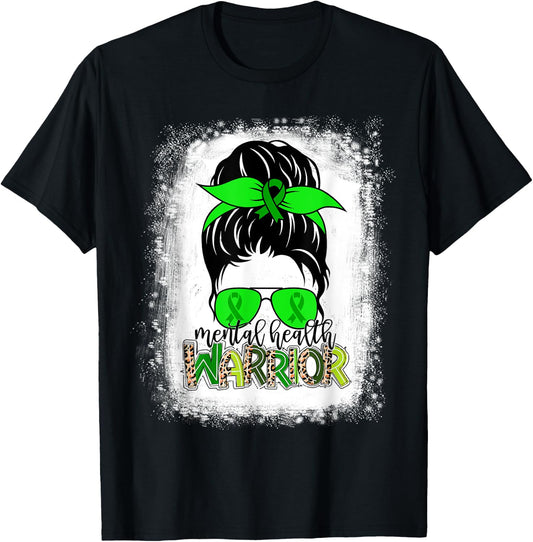 Mental Health Warrior Messy Bun Mental Health Awareness T-Shirt - T-Shirt | Black