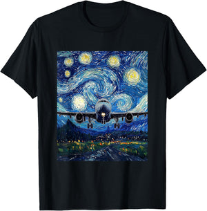 Airplane Flight Pilot Van Gogh Style Starry Night Graphic T-Shirt - T-Shirt | Black