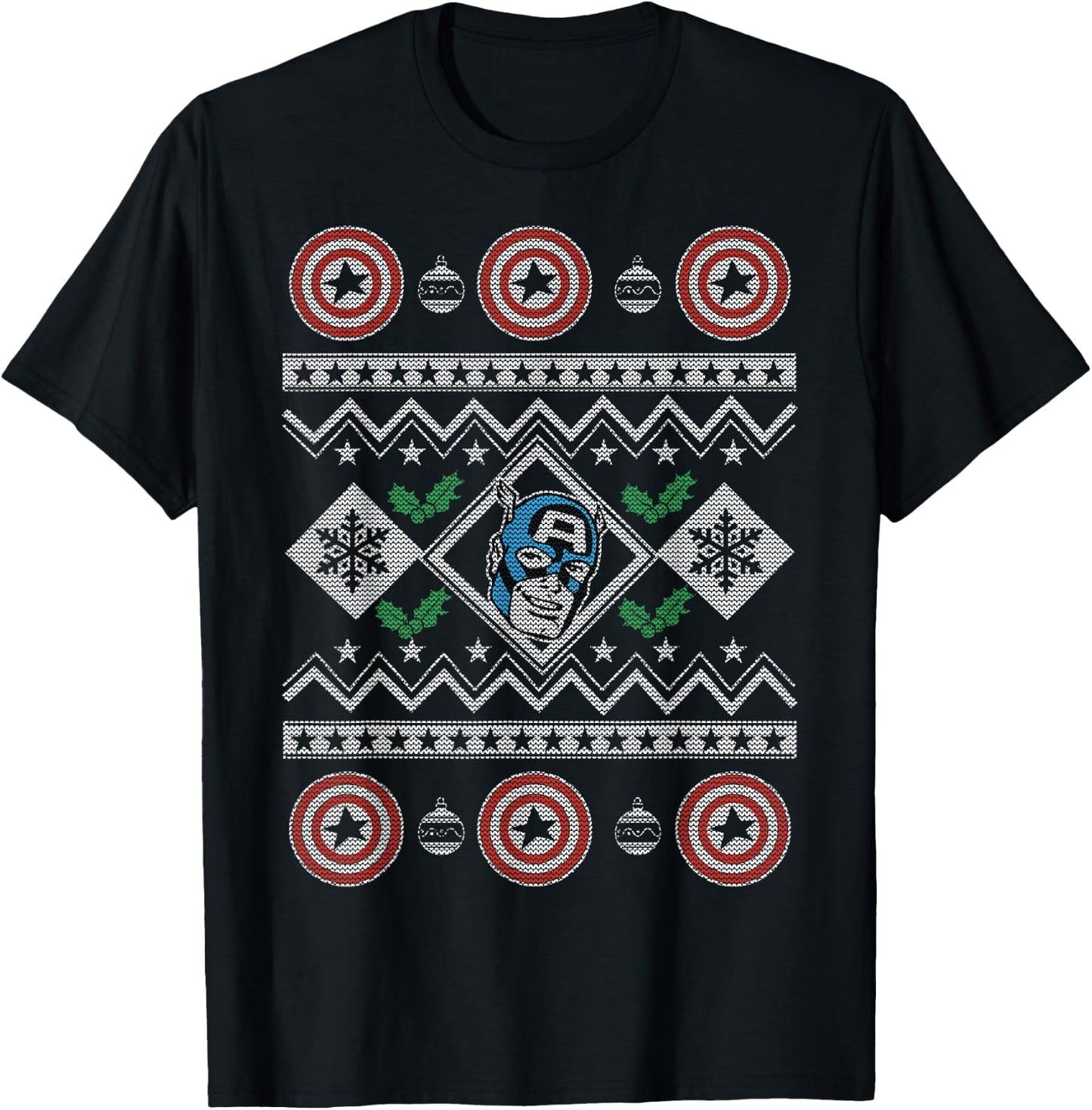Marvel Captain America Shield Ugly Christmas Sweater T-Shirt - T-Shirt | Black