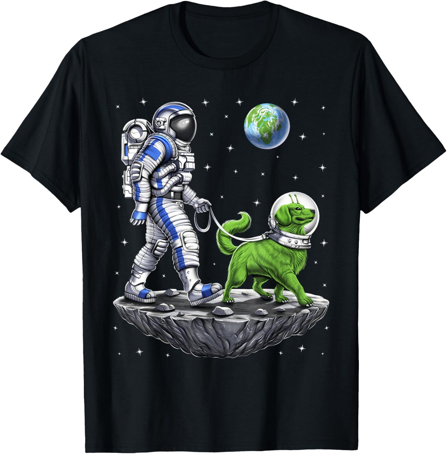 Space Astronaut Walking Alien Dog Planet Earth T-Shirt - T-Shirt | Black