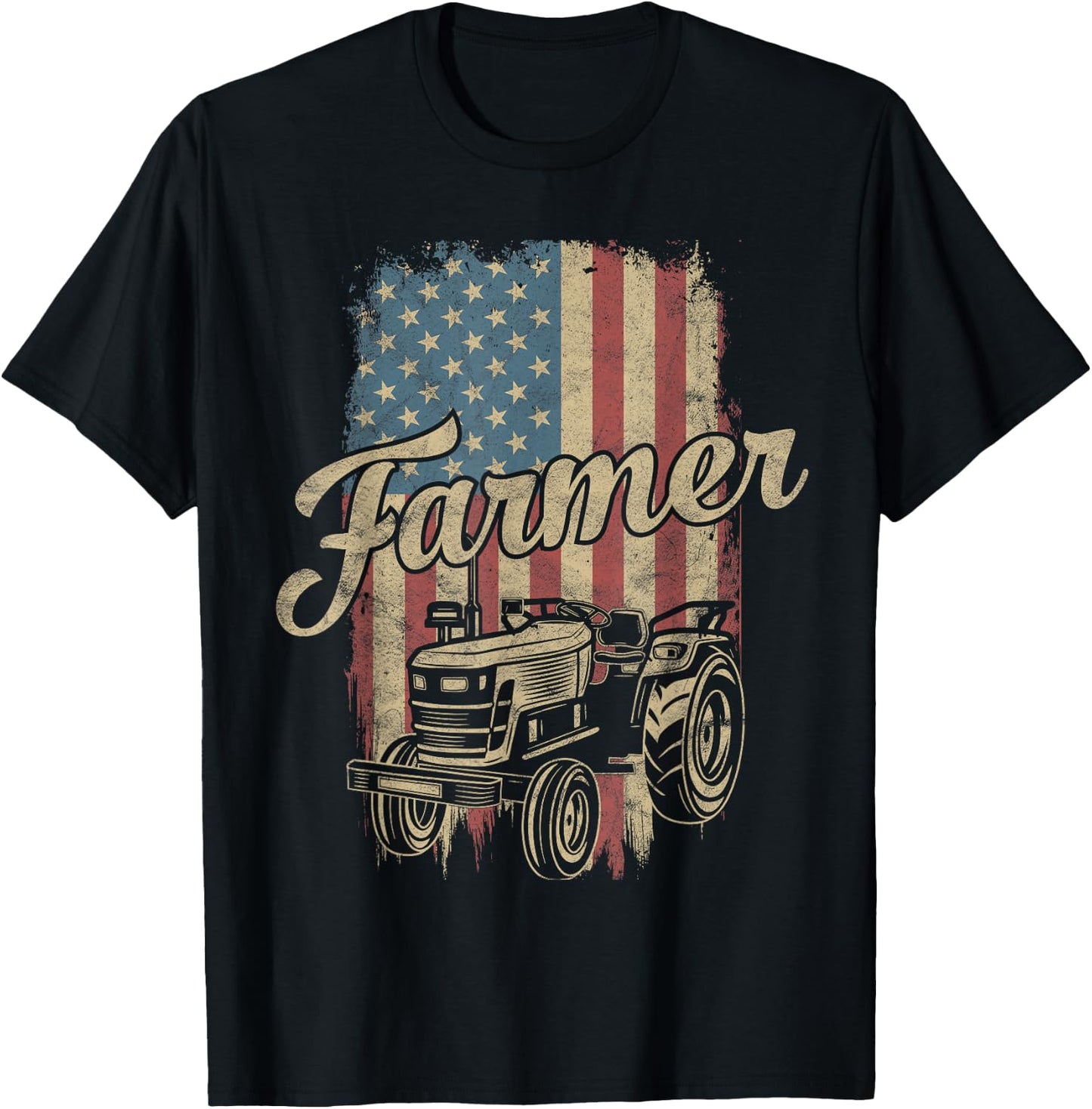Farmer American Flag Retro Farming Tractor Usa Patrioticic Women Kids Men T-Shirt - T-Shirt | Black