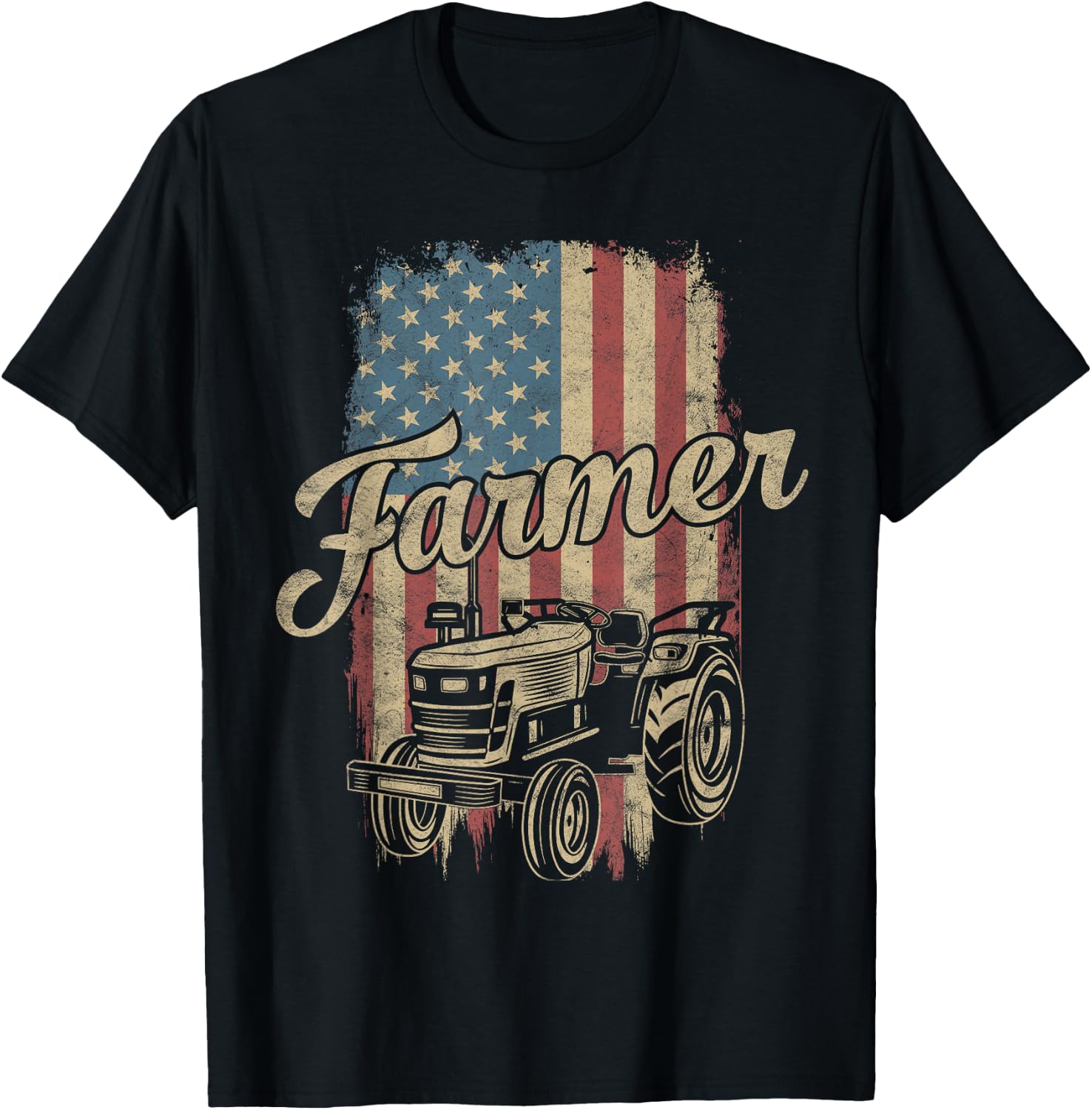 Farmer American Flag Retro Farming Tractor Usa Patrioticic Women Kids Men T-Shirt - T-Shirt | Black