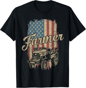 Farmer American Flag Retro Farming Tractor Usa Patrioticic Women Kids Men T-Shirt - T-Shirt | Black