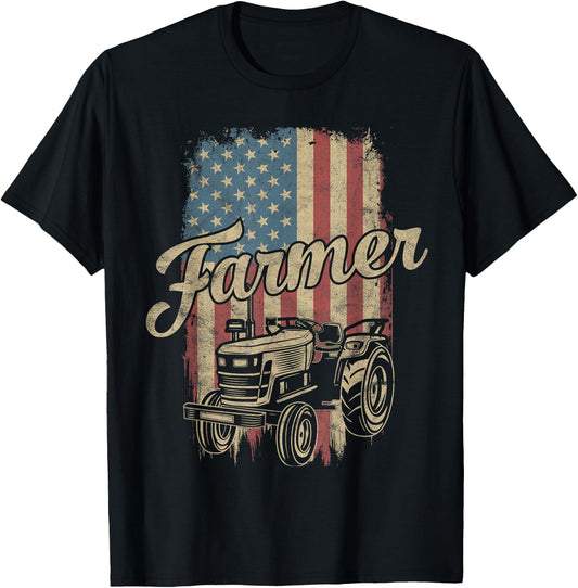 Farmer American Flag Retro Farming Tractor Usa Patrioticic Women Kids Men T-Shirt - T-Shirt | Black